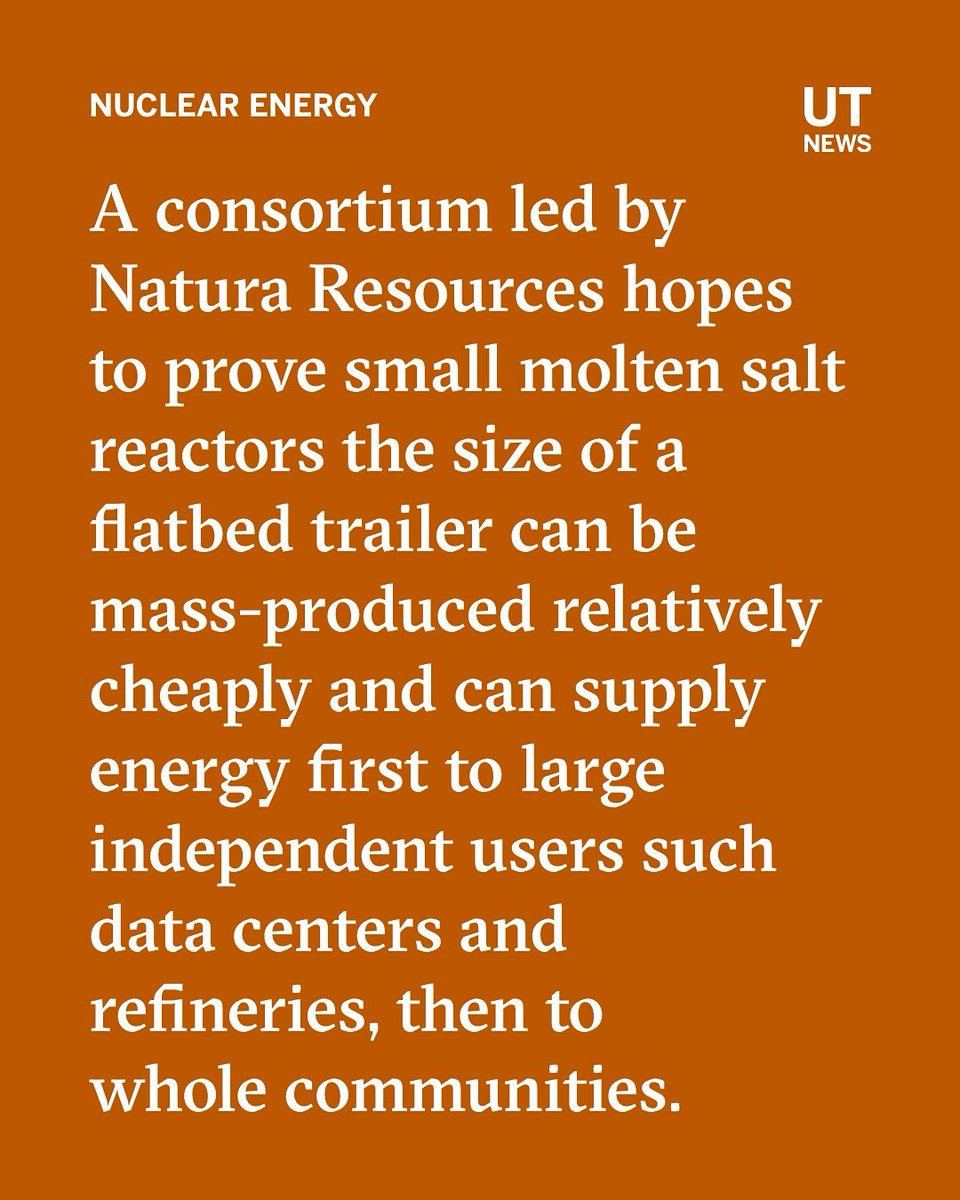 UTAustin's tweet photo. Energy Week: What if the future of clean energy came from a reactor the size of a shipping container?

From powering data centers to producing medical isotopes, this work could shape how we fuel the future: https://t.co/CfSY35ynPB https://t.co/xs4G8eYQiy