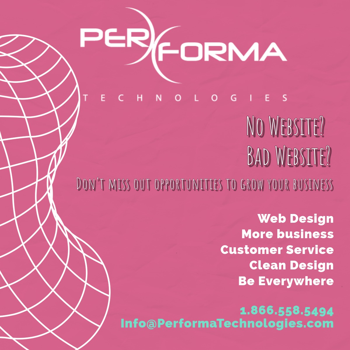 PerformaTechnol's tweet photo. No Website? Bad Website?

Don’t miss out on opportunities to grow your business. Performa Technologies will present you with a professional finished design at an ultra competitive price.

1.866.558.5494
Info@PerformaTechnologies.com

#webdesign #webdev #webdevelopment #appdev https://t.co/YO6GGUScm0