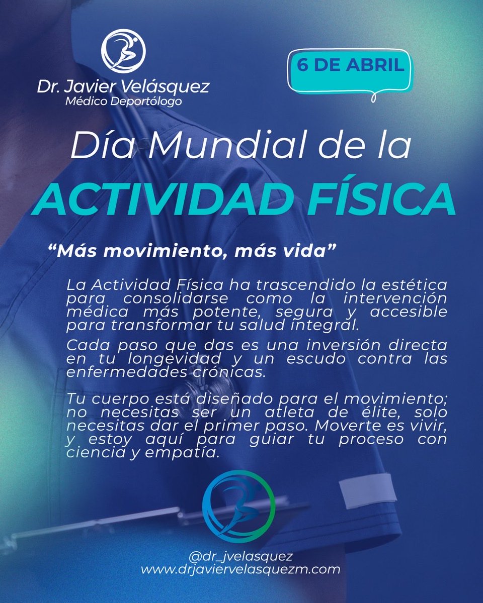 dr_jvelasquez's tweet photo. La Actividad Física se ha consolidado como la intervención médica más potente y segura  para transformar tu salud integral. Tu cuerpo está diseñado para el movimiento; solo necesitas dar el primer paso. Moverte es vivir, y estoy aquí para guiar tu proceso con ciencia y empatía. https://t.co/b6Yv0Mh43w