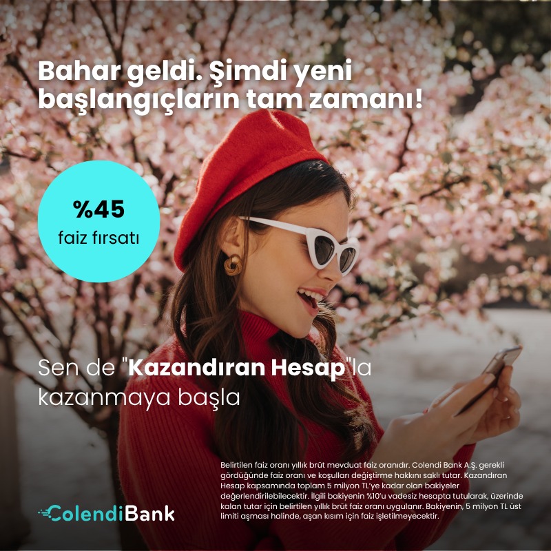 ColendiBank's tweet photo. Hemen ColendiBank müşterisi ol, %45 faiz oranıyla Kazandıran Hesap’la kazanmaya başla!