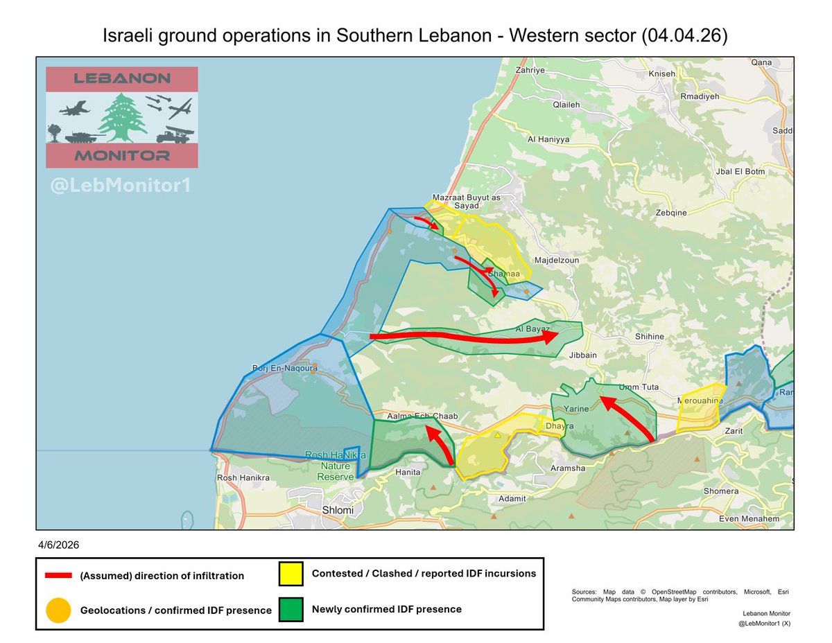 LebMonitor1's tweet photo. Israeli ground operations in southern Lebanon - Map update and a detailed analysis (04.04.26):

After carefully assessing newly released sentinel 2 satellite imagery from April 4 (via @SoarAtlas and the copernicus data space ecosystem), new geolocations, and various reports with @Stinky915846091, here are our results.

General overview / Summary (detailed analysis and infographics are in the thread):

Western sector:
- New ground activity in Tayr Harfa, the southern outskirts of Aalma Ash-Shaab, Bayada, the southern outskirts of Chamaa, and Yarine.

Central sector:
- New ground activity in Beit Lif's southern and eastern outskirts, Aitaroun, Maroun Al-Ras, eastern Ainata, the area between Yaroun - Maroun Al-Ras, and likely Hanine.

(Central east) / Eastern sector:
- New ground activity in the eastern part of Qantara and in western Khiam.

Detailed analysis and infographics are in a thread below🧵