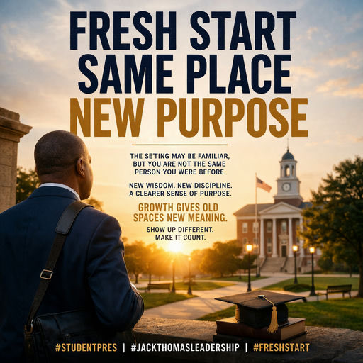 StudentPres's tweet image. A fresh start does not always mean a new beginning. Sometimes it means showing up with new wisdom, renewed focus, and a stronger sense of purpose.

#StudentPres #JackThomasLeadership #FreshStart