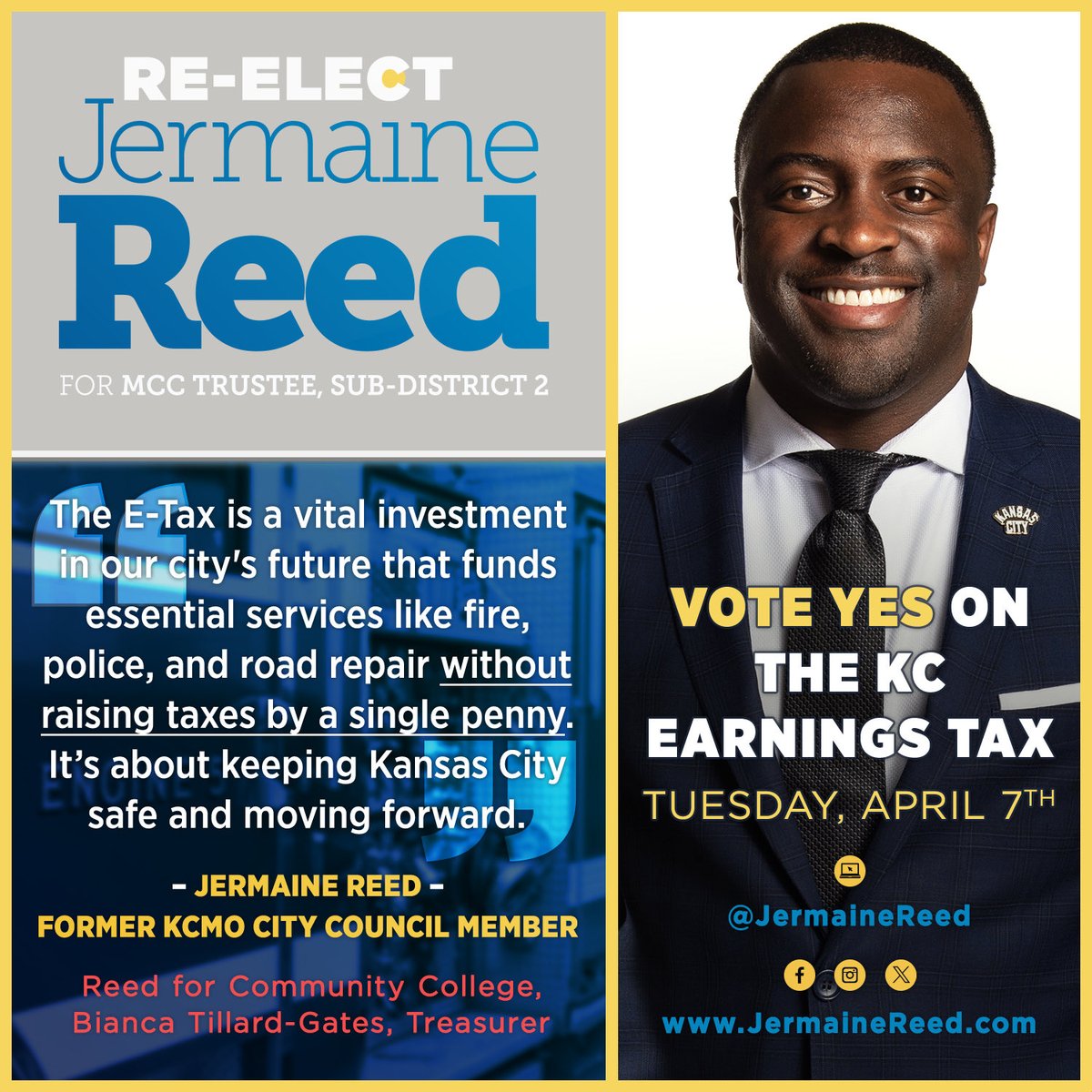 JermaineReed's tweet photo. Tomorrow is the day, Kansas City! 🗳️
As your MCC Trustee, I’m asking for your support for re-election and for the future of our city. 

Voting YES on the KC Earnings Tax (E-Tax) protects our fire, police, and road services without raising taxes by a single penny.

Let’s keep Kansas City safe and moving forward.

✅ Vote Jermaine Reed for MCC Trustee
✅ Vote YES on the KC Earnings Tax
📅 Tuesday, April 7th