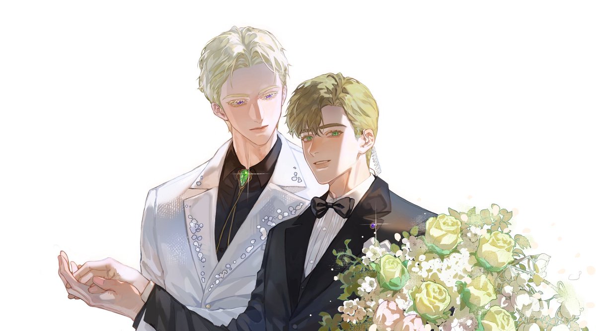 谁懂咖啡厅妈咪超绝审美子宝宝们结婚服装呜呜呜(˘•̥⧿•̥˘ )♡
妈妈素永远滴神💜💚
（超好笑为了画捧花，一晚上速成插花大师了）
（另一个超好笑，一直在摸差点错过更新，还得让虎虎老师提醒才速去看XDD）
 #Kissmeifyoucan