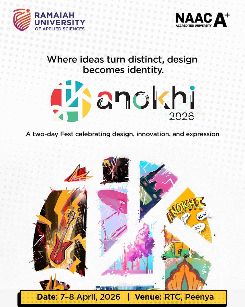 MSRUAS's tweet photo. Something bold. Something creative. Something Anokhi.
Anokhi 2026 is a two-day celebration of design, innovation, and expression, bringing together creators, artists, and thinkers under one roof.
Date: 7–8 April | Venue: RTC, Peenya
#RUAS #Anokhi2026 #DesignFestival https://t.co/QkWLCJReBY
