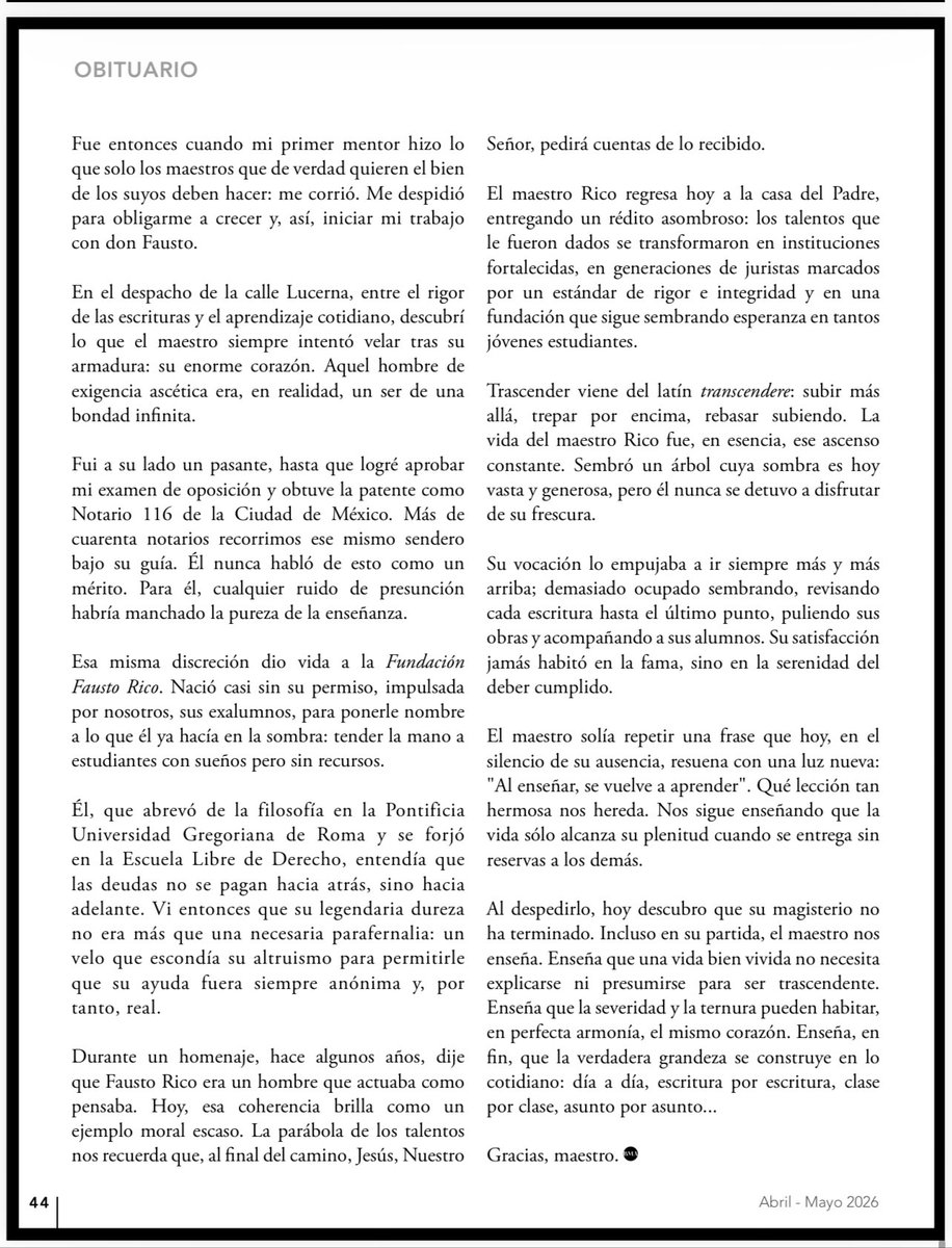GLaveaga's tweet photo. Con motivo de la partida de Fausto Rico, profesor de la @UPMexico y antiguo rector de la @eld_oficial , su colega @irmoralesl publicó este obituario en 'La Barra',  revista de la @BMA_Abogados : https://t.co/CBtU3Wvd3s