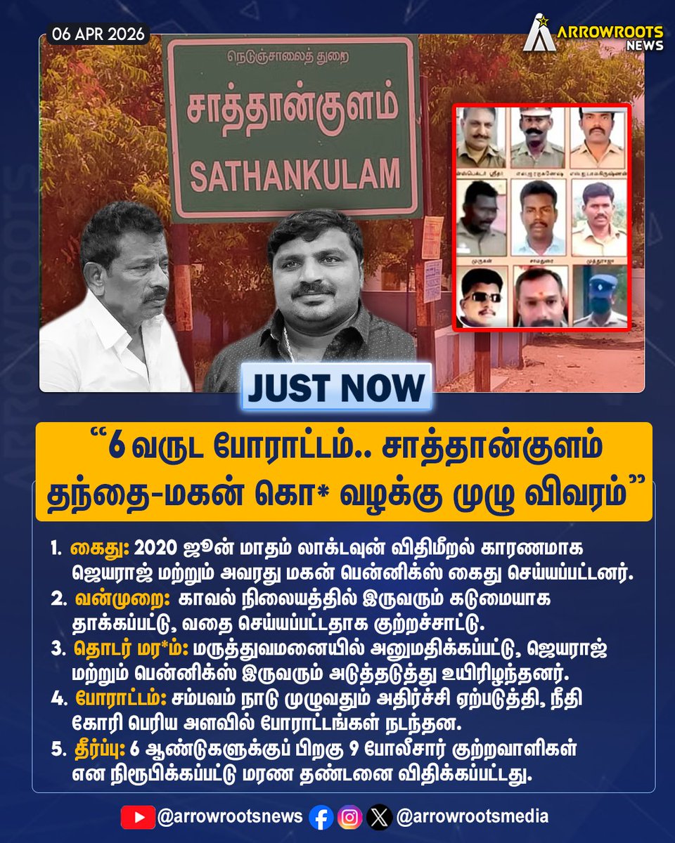 arrowrootsmedia's tweet image. "6 வருட போராட்டம்.. சாத்தான்குளம்
தந்தை-மகன் கொ* வழக்கு முழு விவரம்"
#SathankulamCase #fulldetail #TNPolice #judgement #arrowroots