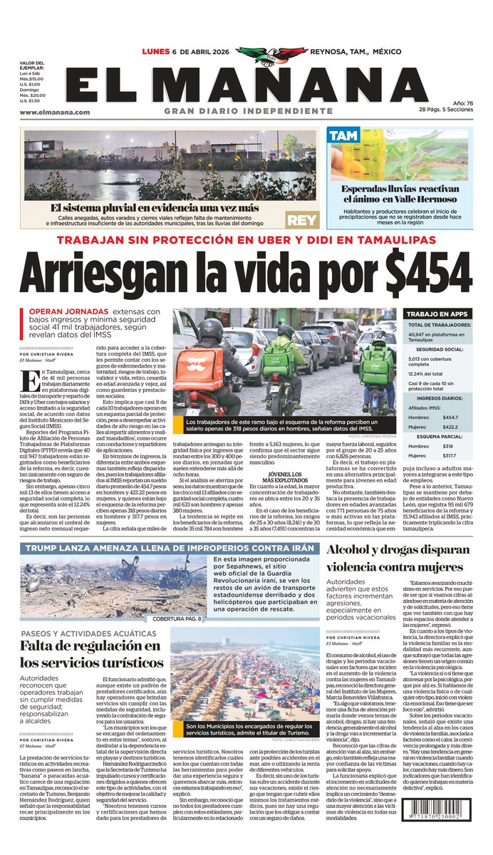 elmananareynosa's tweet image. ⏰ ¡Buenos días! 🌞

Hoy Lunes 06 de Abril 2026 ésta es la portada de nuestra edición impresa.

🌎Manténgase al tanto de lo que pasa en la #localidad, la #región y el #mundo 🌎

➡️ Adquiere tu periódico en las tiendas Oxxo, Seven Eleven y con nuestros voceadores.