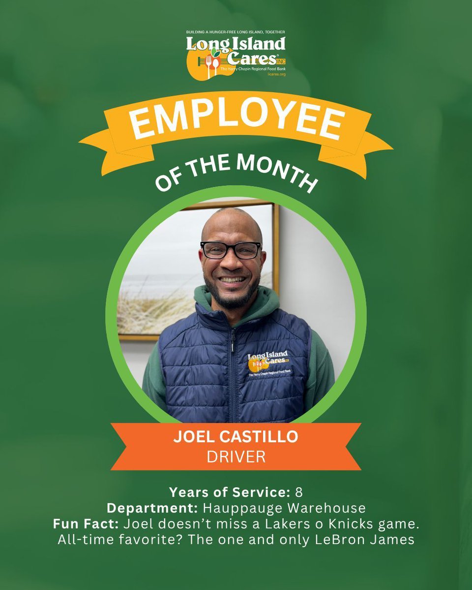 LongIslandCares's tweet photo. We’re so grateful for Joel, our MVV of the Month! No matter the time or distance, he really knows how to assist the whole team and drive results home. LeBron James energy🏀 https://t.co/MZk6yr2fg1