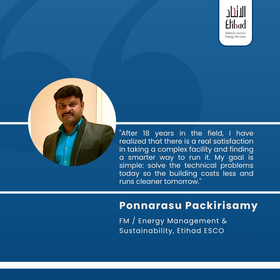 EtihadESCO's tweet image. Meet Ponnarasu, one of the experts behind our energy management operations.
As a LEED® Green Associate at Etihad ESCO, he’s dedicated to finding those "hidden" savings that others might miss!
#EtihadESCO #MeetTheTeam #EnergyManagement #BuildingEfficiency #FacilitiesManagement