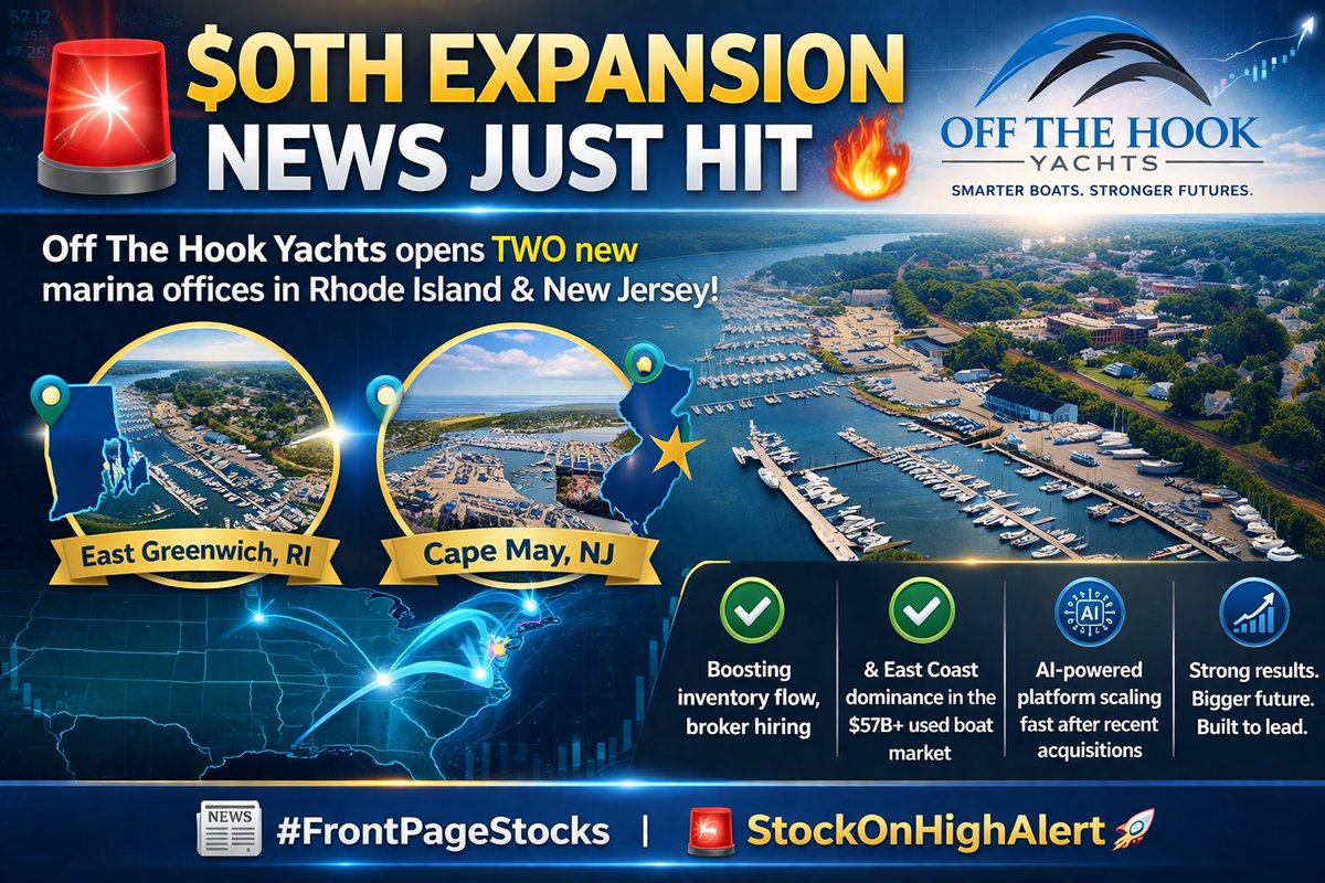 🚨 $OTH EXPANSION NEWS JUST HIT 🔥

Off The Hook Yachts opens TWO new marina offices in Rhode Island &amp; New Jersey! finance.yahoo.com/markets/stocks…

✅ East Greenwich, RI 
✅ Cape May, NJ

Boosting inventory flow, broker hiring &amp; East Coast dominance in the $57B+ used boat market.