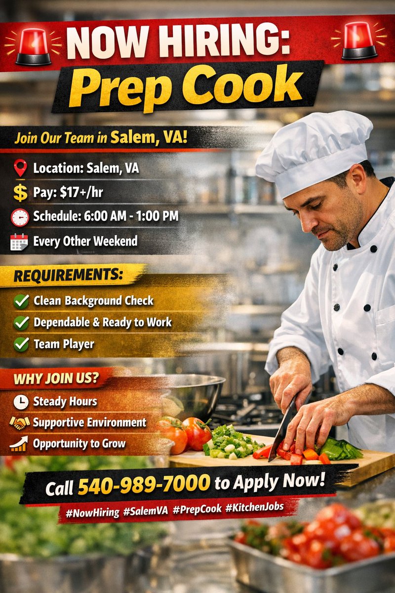 Join our team as a Prep Cook!⏰ 6AM-1PM, $17+/hr, every other weekend required. Ready to work with a great team? Call 540-989-7000 today! #Hiring #JobOpportunity #TeamWork