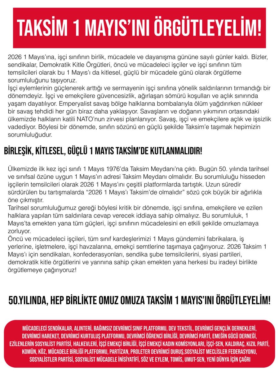 kaldiracdergi7's tweet photo. Taksim 1 Mayıs’ını örgütleyelim!

Kitlesel 1 Mayıs için Taksim’e! https://t.co/rwuVcvwY1s