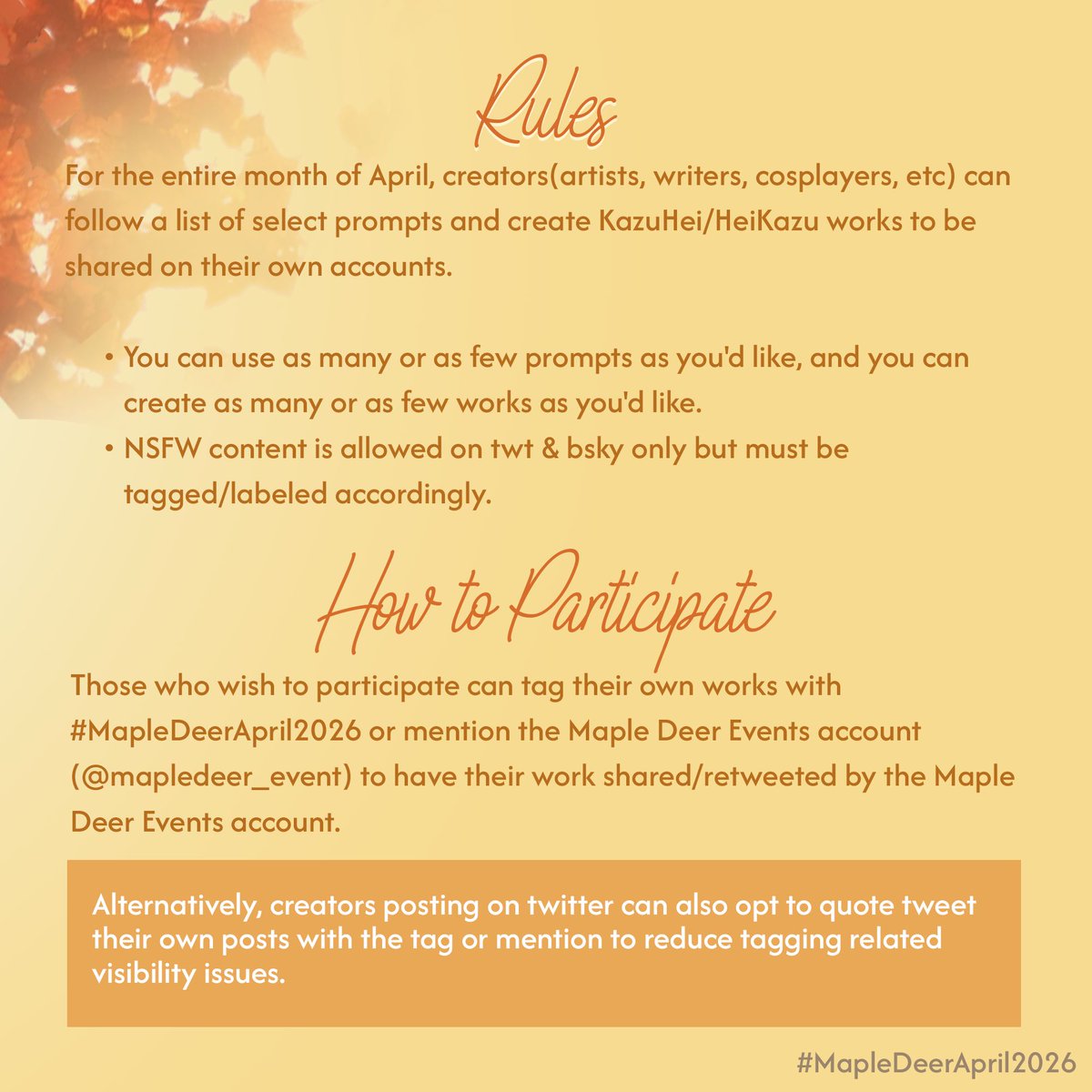 mapledeer_event's tweet photo. April is here! So here is the prompts for this month! Our AO3 Collection 🔗  is in our bio 🩷 So, feel free to participate and have fun! 🫶 

#heikazu #kazuhei https://t.co/GypC6a45PL