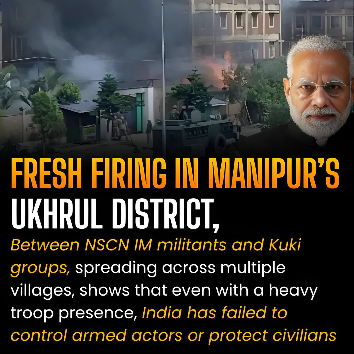 aghaalirehman's tweet image. Fresh firing in Manipur’s Ukhrul district between NSCN-IM militants and Kuki groups has spread to several villages.
Heavy troops on ground, yet India fails to control armed actors or protect civilians. #Manipur #Ukhrul #IndiaExposed
