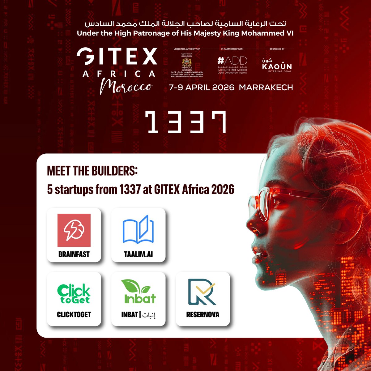 1337FIL's tweet photo. Meet the builders from the 1337 community showcasing their startups at @GITEXAfrica  2026. 🚀

This year, we’re proud to see 5 startups founded by our students and alumni exhibiting their work and representing the entrepreneurial energy we continue to nurture at 1337.

Here are the startups to discover:

🔹 ReserNova: helping service businesses digitize bookings, operations, and growth through WhatsApp-native workflows.

🔹 ClickToGet: connecting customers, local stores, and suppliers through a smarter delivery and commerce platform.

🔹 Taalim AI: making personalized AI tutoring more accessible for Moroccan students through a platform built for the local curriculum.

🔹 Brainfast: enabling businesses to deploy AI agents across channels like WhatsApp, email, Slack, and Discord.

🔹 INBAT | إنبات : helping Moroccan farmers optimize farm operations and improve dairy productivity through smart digital tools.
If you’re attending GITEX Africa, make sure to visit their booths, meet the founders, and discover what they’re building.

Go support the LEET builders.

#1337CodingSchool #GITEXAfrica #Startups #Entrepreneurship #MoroccoTech #Innovation #AI #EdTech #AgriTech #SaaS #BuiltInMorocco