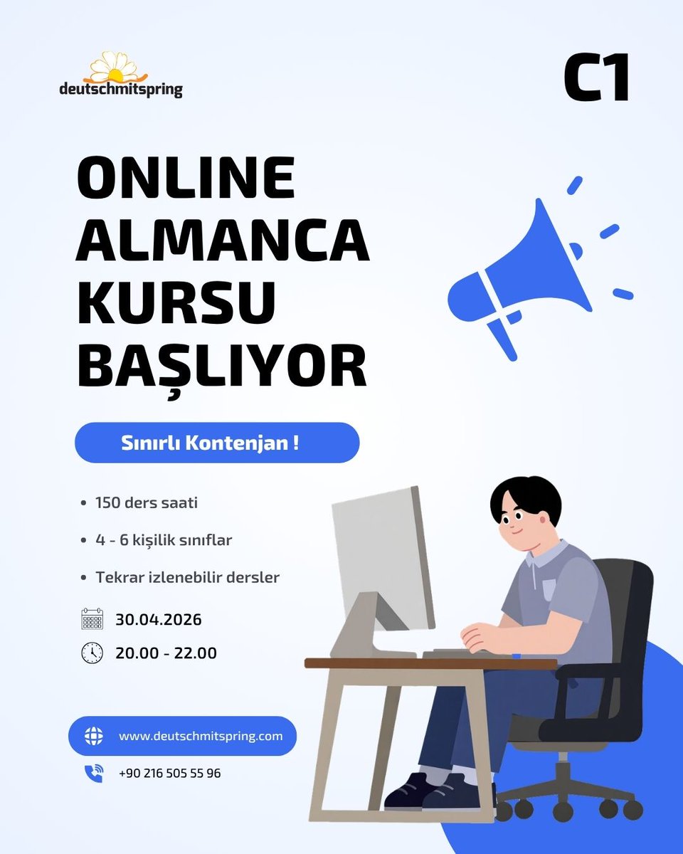 springverlag's tweet photo. 🎯 C1 Online Almanca Kursu deutschmitspring’te başlıyor!

C1 seviyesinde hedefiniz; kendinizi ileri düzeyde, akıcı ve güçlü bir şekilde ifade etmek, akademik ve profesyonel Almanca kullanımınızı geliştirmekse bu program tam size göre. 
#deutschmitspring #c1almanca #onlinealmanca https://t.co/aETDByX0Eo