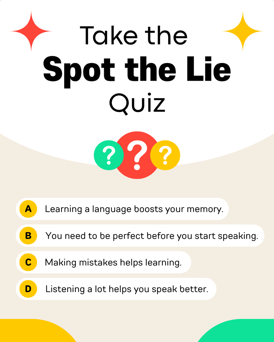 italki's tweet photo. Which one do you think isn’t true about language learning? 🤔 Comment your answer! 👇

#italki #languagelearning https://t.co/oJrBEFIFZq