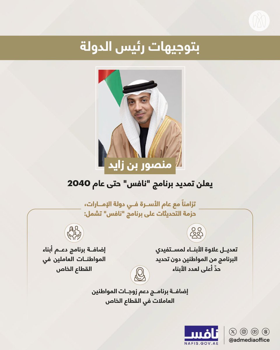 بتوجيهات رئيس الدولة.. منصور بن زايد يعلن تمديد برنامج "نافس" حتى عام 2040، في خطوة تعكس حرص القيادة الرشيدة على استدامة برامج التوطين، وتوفير بيئة عمل جاذبة ومستقرة للمواطنين، وترسيخ دورهم كشركاء رئيسيين في مسيرة التنمية الاقتصادية والاجتماعية الشاملة لدولة الإمارات.