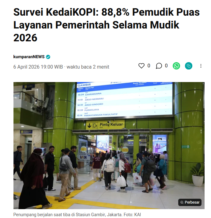 Survei KedaiKOPI: 88,8% Pemudik Puas Layanan Pemerintah Selama Mudik 2026