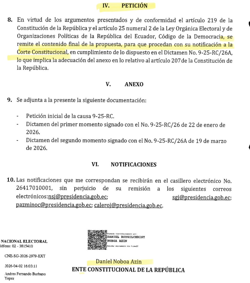 jchalco's tweet photo. Aunque todos digan que se ha pedido convocar a referéndum para eliminar atribuciones de Consejo Participación (deseable) 👆🏻No es así➡️Presidente pide a CNE que le dé haciendo su deber de notificar a Corte que ya hizo los ajustes. Pero nada más👆🏻No pide convocar a elecciones💡 https://t.co/Ko6iTALVT2