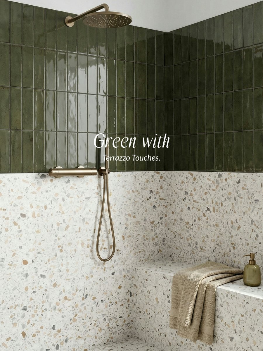 stonetiledepott's tweet image. Combined Fusion Smeraldo polished zellige look tiles with Orrizonte polished terrazzo in the bathroom ✨

The green tones and terrazzo pattern give the space a fresh, elegant feel.

#Terrazzo #LuxuryBathroom #ElegantInteriors #DecorTrends #ZelligeTiles