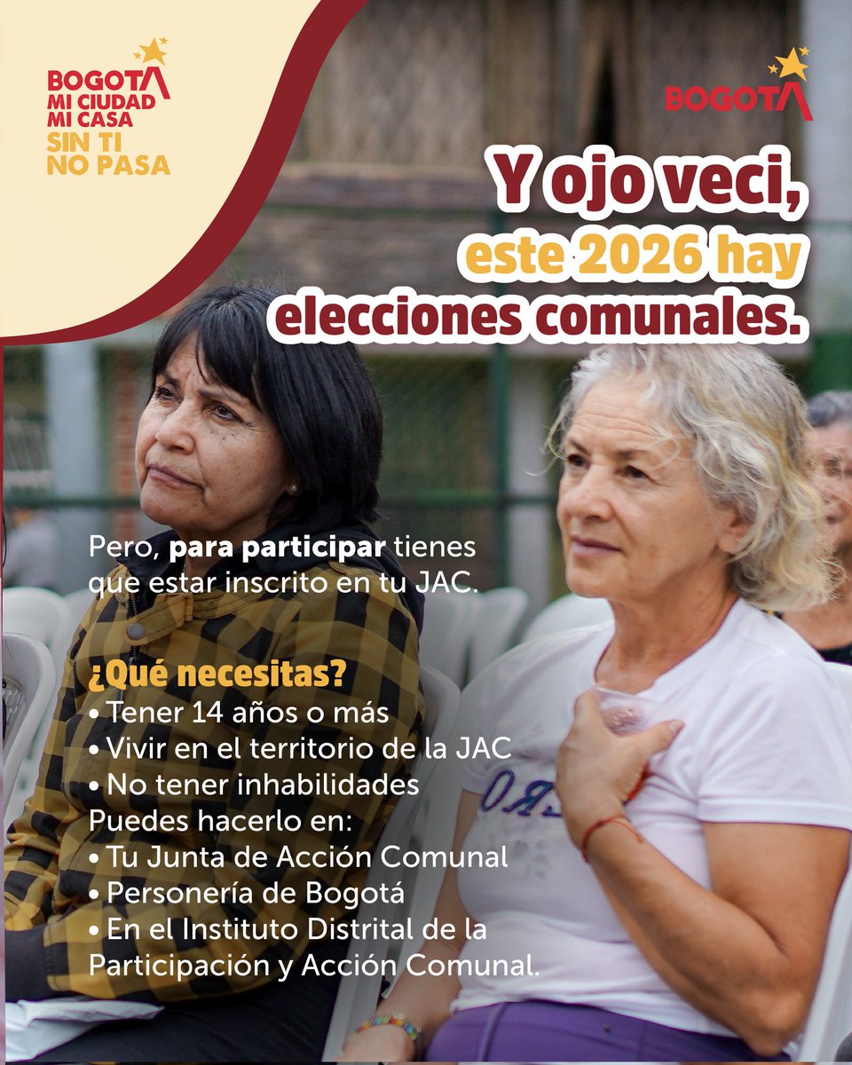BogotaParticipa's tweet image. #ComunalEs
Oiga, veci,su barrio puede ser mejor. Y sí, usted puede hacer algo.

Las Juntas de Acción Comunal son el espacio donde las ideas se vuelven acciones y los cambios sí pasan, para participar en las elecciones comunales debe estar inscrito en su JAC, antes del 10 de abril