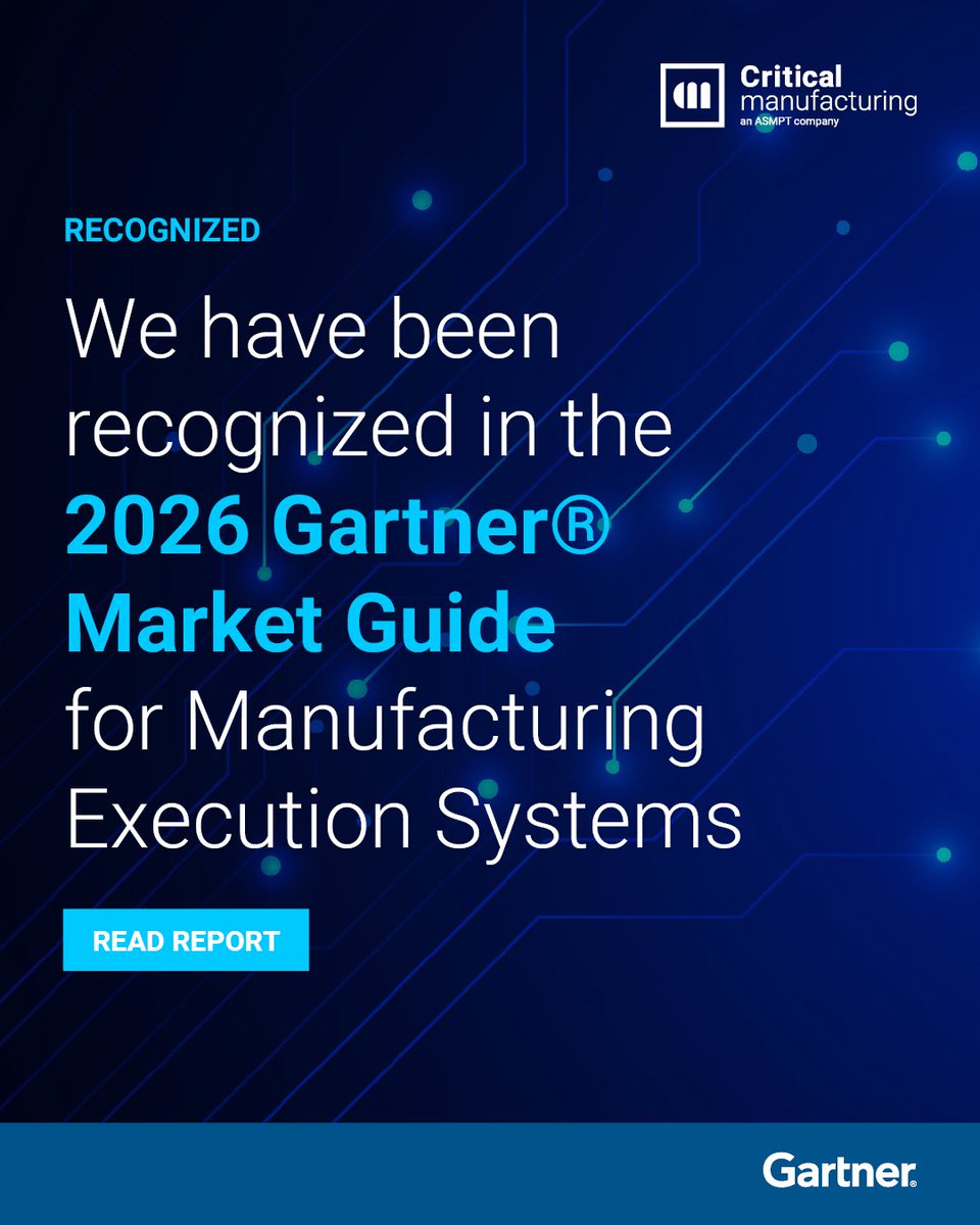 CriticalMfg's tweet photo. Proud to be recognized, once again! 

Critical Manufacturing has been named a Representative Vendor in the @Gartner_inc® Market Guide for Manufacturing Execution Systems (MES) 2026. 

Download the report: https://t.co/jiXdiIiCIz

#CriticalManufacturing #MoreThanMES #AI #Gartner https://t.co/V3WixCdURQ