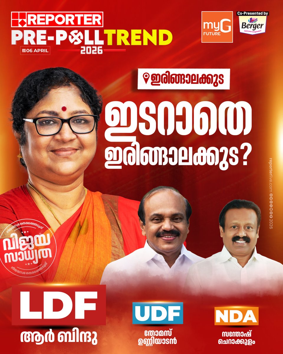 reporter_tv's tweet photo. REPORTER PRE-POLL TREND 2026; ഇരിങ്ങാലക്കുട മണ്ഡ‍ലത്തിൽ എല്‍ഡിഎഫിന് വിജയസാധ്യത

Read Story : https://t.co/l5zAdj70nK

#irinjalakuda #LDF #RBindu #PREPOLLTREND2026 #keralaassemblyelection2026 #electionpoll #election2026 https://t.co/tY7k3EplOz