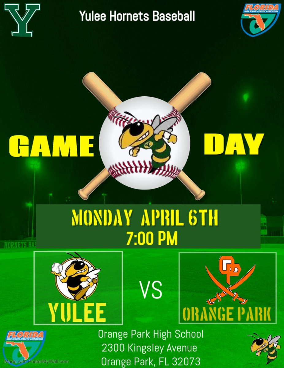 Yulee__Baseball's tweet photo. 🐝⚾️GAME DAY!!!🐝⚾️ Hornets hit the road tonight and travel to Clay County to take on Orange Park! First pitch is scheduled for 7:00pm! #YuleeHornetsBaseball26 #StingEm https://t.co/jha5ZIT8kK