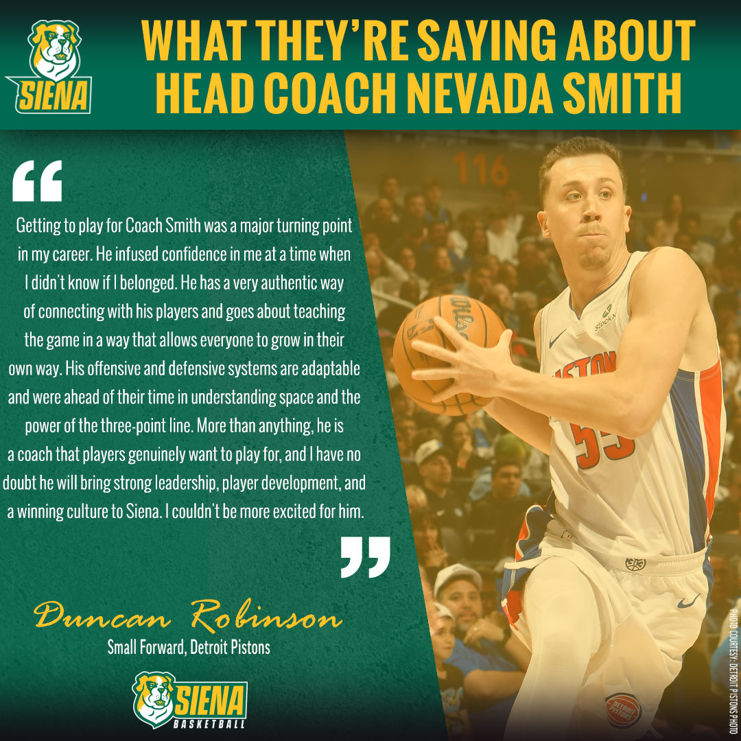 SienaMBB's tweet image. 🗣️ "Getting to play for Coach Smith was a major turning point in my career"

@DetroitPistons star Duncan Robinson - who played for Nevada Smith in the @nbagleague - credits him for infusing confidence in him to reach the highest level

#MarchOn x #SienaSaints