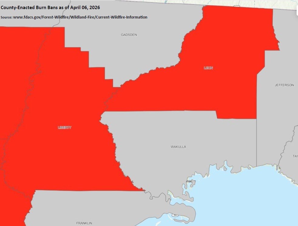 FFS_Leon's tweet photo. Please be advised that Leon and Liberty Counties are under county enacted burn bans through April 10th. Burn bans are based on current and predicted weather conditions. Please be advised that burning during a burn ban is not permitted (this includes yard debris). https://t.co/pCeYMH6D1S