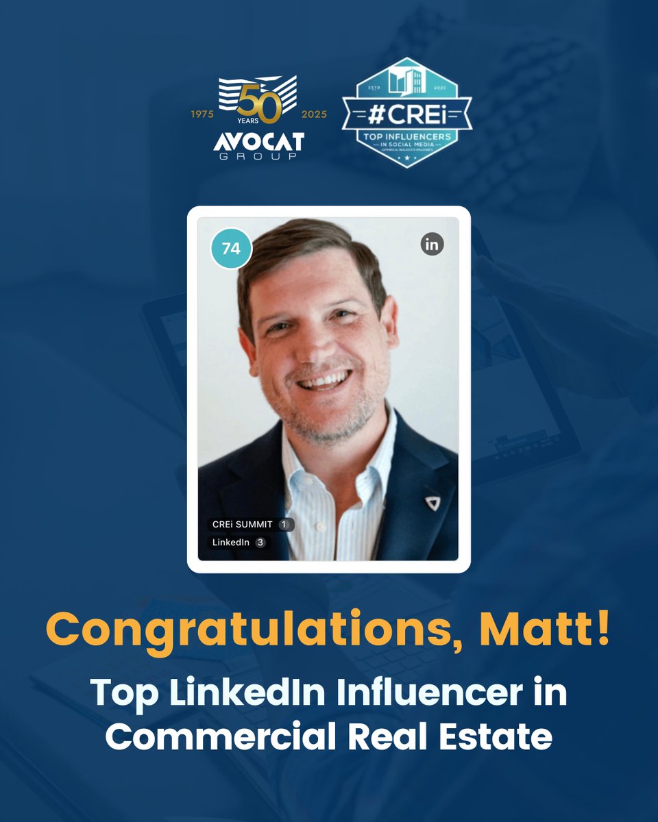 AvocatGroup's tweet photo. Great things happen when great people share what they know.

Congratulations to Matt Sultenfuss for being named a Top LinkedIn Influencer in Commercial Real Estate by CREi Summit!

What makes this recognition so meaningful is what it represents: a commitment to showing up, adding value, and making the commercial real estate community stronger for everyone in it.

At Avocat Group, we believe real estate is ultimately about people. Matt embodies that every day, and we're grateful to celebrate this milestone alongside him.

We're proud of you, Matt! 🎉
