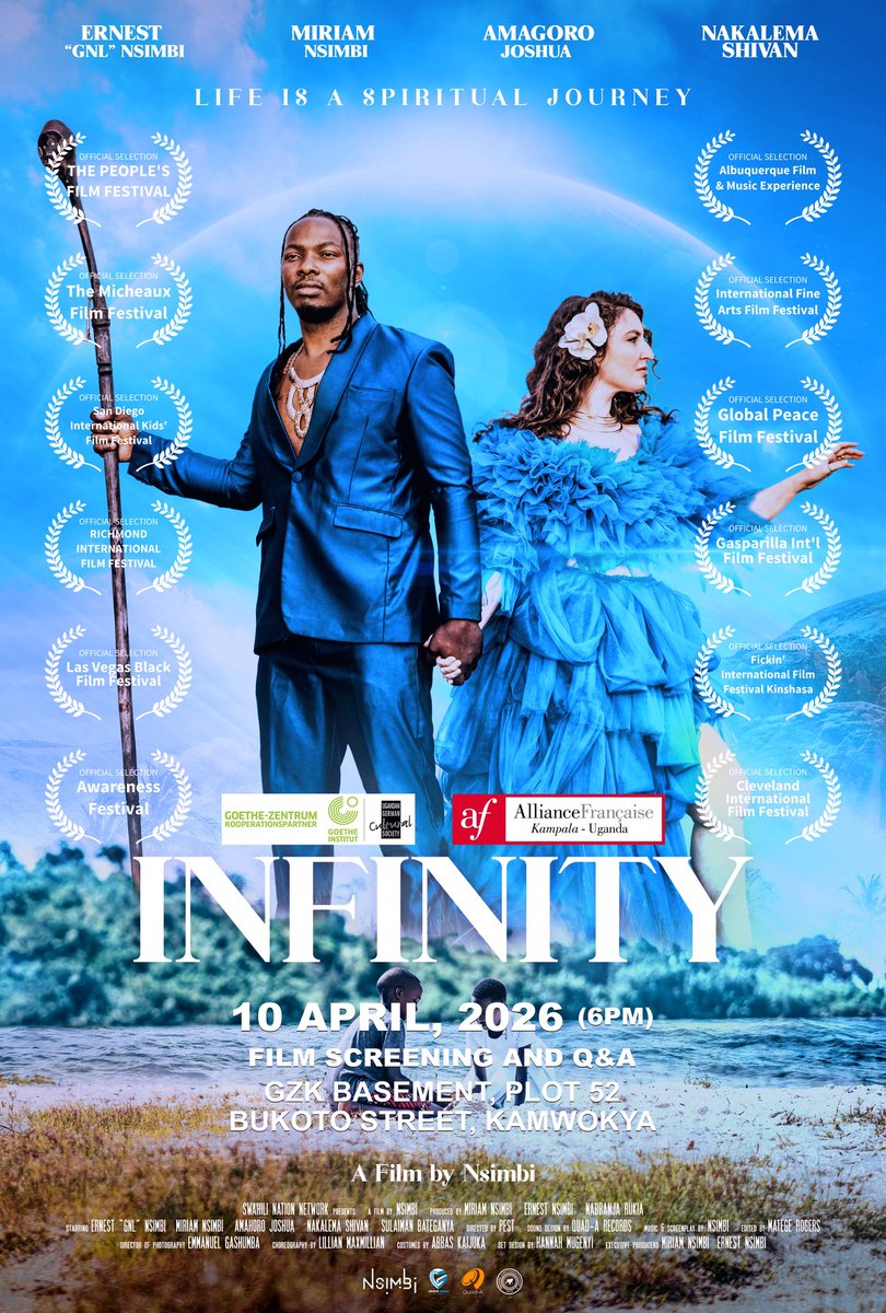 therealGnlzamba's tweet photo. Great news 🌻🌻🌻🌀🌀🌀 Our film INFINITY  returns to Kampala this April 10th 2026 with a special screening at the #German Cultural Centre @gz_kampala 🇩🇪 and Alliance Française Kampala @alliancefrancaisekampala 🇫🇷

Produced by @nsimbimusic we are proud to present an all-Ugandan cast and crew who brought this vision to life. If you missed the first screening, this is your chance to experience this powerful, culturally rich project and connect with its message and community.

Join us for an intimate Screening + Q&A with the cast and crew in Bukoto (full address on the flyer).

INFINITY
A Musical Short Film
Created by Miriam Tamar Nsimbi & Ernest Nsimbi

Blending spoken word, hip-hop poetry, Afro-fusion, and indigenous storytelling, Infinity is a visually striking journey into spirituality, healing, and the interconnectedness of humanity.

Synopsis
A young boy must unlearn his selfish ways and awaken to a deeper universal wisdom. Guided by a shaman and the love of his little sister, he embarks on a transformative journey that reconnects him to community, purpose, and the rhythms of life.

Screening + Q&A
Date: 10th April 2026
Time: 6PM
Venue: Bukoto
Location: German Cultural Centre / Alliance Française Kampala

Infinity is a celebration of African storytelling, music, culture, and spiritual heritage.

See you there.

P.S. Discover more about #NSIMBI 🌻🌻🌻🌀🌀🌀 
https://t.co/G9usYpIHmI

#filmproduction #filmfestival #filmmaker