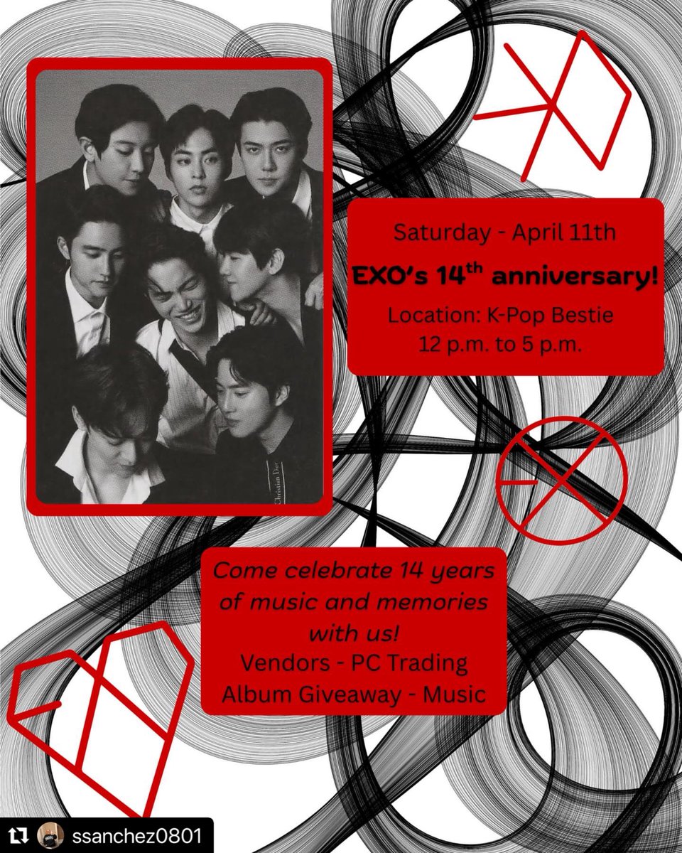 Repost @/ssanchez0801
・・・
Celebrate 14 years of EXO with a day full of music and memories! 🎤✨
 
🗓️ When: Saturday, April 11th
🕛 Time: 12 p.m. – 5 p.m.
📍 Where: K-Pop Bestie in Lewisville, TX