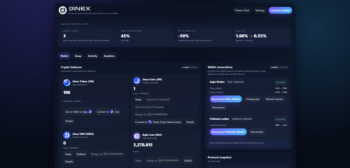 Jinex DEX progress:

✅ Connect via <a href="/WalletConnect/">WalletConnect</a>:
  ✅ <a href="/enjin/">Enjin</a> Relay + Matrix (Enjin Wallet) 
  ✅ <a href="/Polkadot/">Polkadot</a> Assethub (polkadot.js / SubWallet)

✅ Load live token balances (Enjin Matrix + Polkadot AssetHub)

✅ Full integration of Jinex Swap Fee Reducers + Max Stack Boosters