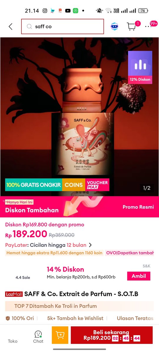 Kata gue buruan belanjain deh mumpung masih ada Crazy Brand Mega Offer s.d 90%. Gw  sih beli parfum jangan ketinggalan Masih Lazada44 Sale
lazada.co.id/i8749120701-s1…