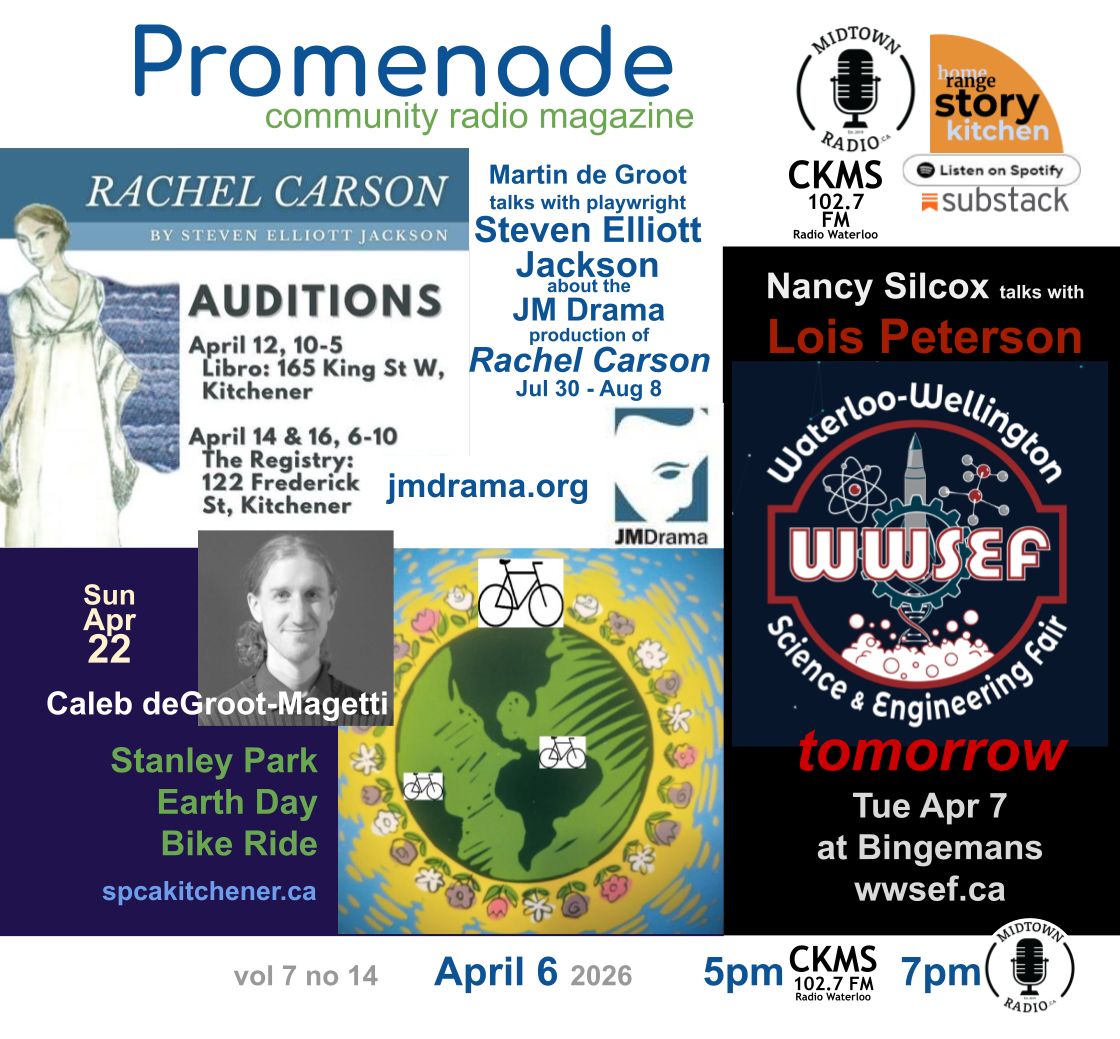 MarinusdeGroot's tweet photo. Our radio magazine for this week. Promenade is heard every Monday
-- at 5pm over the air at CKMS 102.7 Radio Waterloo, and
-- at 7pm via https://t.co/TFlpdTrwvS
Links for streaming on demand:
Substack: https://t.co/NQdEWRVPqC
Spotify+: https://t.co/Xnk1nNZLbU https://t.co/ZlTnE6nE4l