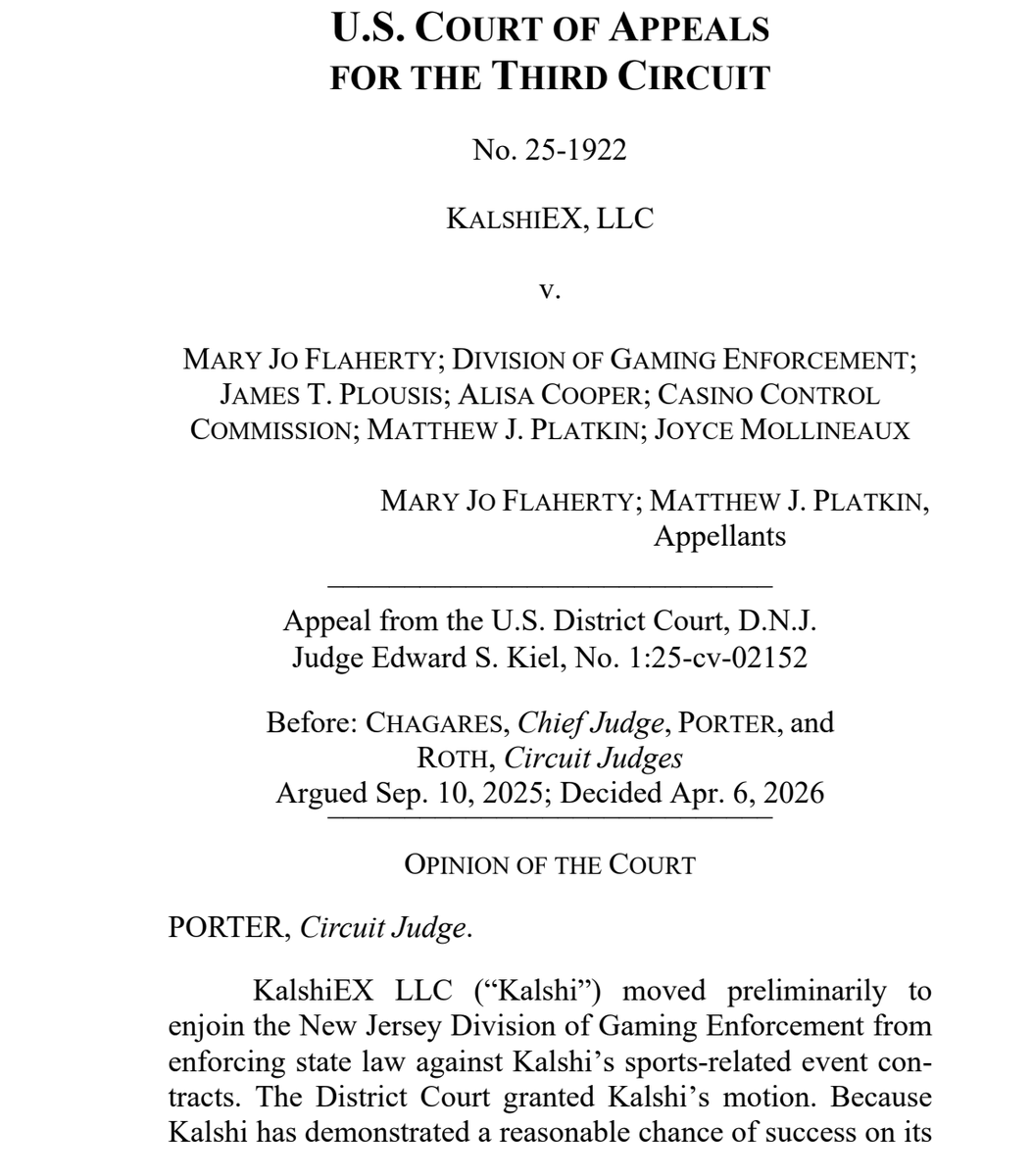 RVanGrack's tweet photo. Huge win for @Kalshi (and all PMs) in the 3rd Circuit. This is the first appellate ct to weigh in and sets important precedent for related litigation. Key takeaways:
1)CFTC has exclusive jurisdiction over swaps
2)Sports event contracts are swaps
3)Enforcing state gambling laws would undermine the purpose of the CEA (avoiding inconsistent patchwork of rules).

Notable quotes below:
“The Act preempts state laws that directly interfere with swaps traded on DCMs. Kalshi’s sports-related event contracts are swaps traded on a CFTC-licensed DCM, so the CFTC has exclusive jurisdiction.”

“Kalshi self-certified compliance with the applicable laws and regulations, so those event contracts were presumptively approved under federal law. See 7 U.S.C. § 7a-2(c)(1). To date, the CFTC has not determined that Kalshi’s sports-related event contracts are contrary to the public interest.”

"The Act provides that the relevant event or occurrence need only be “associated with a potential financial, economic, or commercial consequence.” 7 U.S.C. § 1a(47)(A), (A)(ii). As the dissent concedes, “[a] plain reading of the Act’s text suggests that Kalshi’s sports-event contracts fit comfortably within the statutory definition." Dissent at 2. That is correct. The outcome of a sports event certainly can be associated with a potential financial, economic, or commercial consequence….Because Kalshi’s sports-related event contracts are traded on a CFTC-licensed DCM and depend on event outcomes associated with economic consequences, they fit within the Act’s definition of “swaps” subject to the CFTC’s jurisdiction."

“Kalshi has demonstrated a reasonable chance of success in showing that the text of the Act preempts otherwise applicable state laws that purport to regulate sports-related event contracts on CFTC-licensed DCMs.”

“Because Kalshi’s sports-related event contracts are swaps under the Act, the District Court properly defined the scope of field preemption as the regulation of trading on a DCM (a form of futures trading) rather than as gambling (a broader and traditionally state-regulated field).

“Allowing New Jersey to enforce its gambling laws and state constitution would create an obstacle to executing the Act because such state enforcement would prohibit Kalshi, which operates a licensed DCM under the exclusive jurisdiction of the CFTC, from offering its sports-related event contracts in New Jersey. This state regulation is exactly the patchwork that Congress replaced wholecloth by creating the CFTC. Because that prohibition directly conflicts with the full purposes and objectives of the Act, we need not determine whether it would be impossible for Kalshi to comply with both state and federal regulations.”