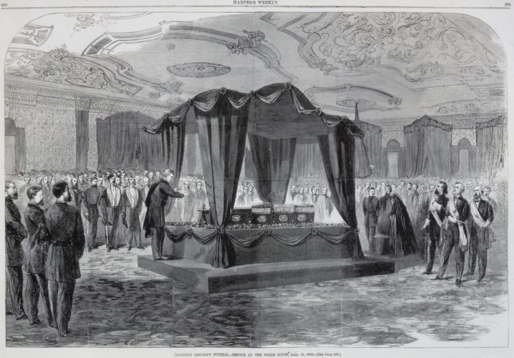 AppomattoxNPS's tweet image. #OTD in 1865, a funeral is held for President Abraham Lincoln in the East Room of the White House. Guests include Pres. Andrew Johnson, Gen. Ulysses S. Grant, the cabinet, and members of Congress. Afterwards, Lincoln is transported to the U.S. Capitol to lay in state. #CivilWar