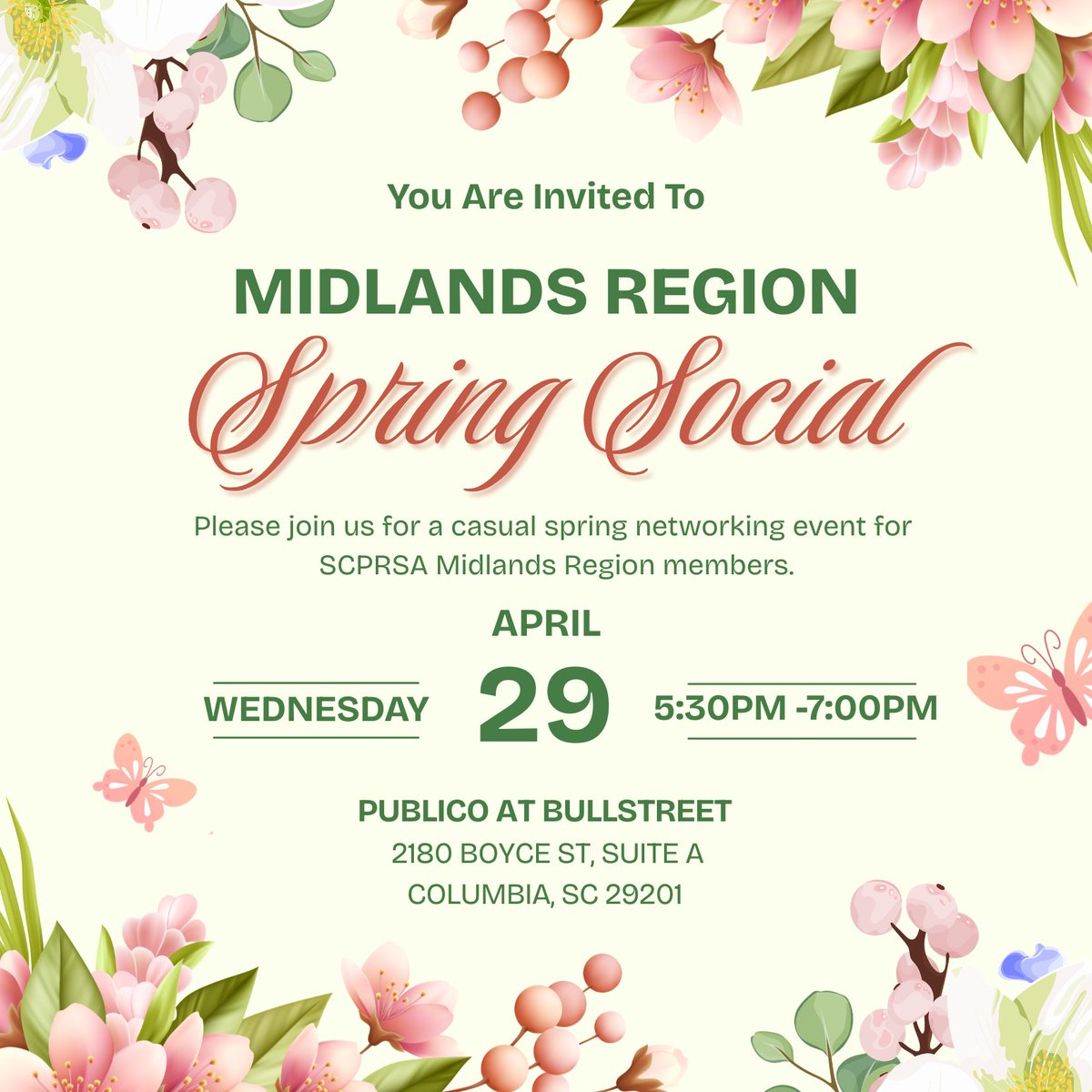 SCPRSA's tweet photo. SCPRSA members, join us in the Midlands on Wednesday, Apr. 29 from 5:30–7 p.m. at Publico on Bullstreet for our Spring Social. We look forward to connecting with you there! https://t.co/Mj6lVRfHqc