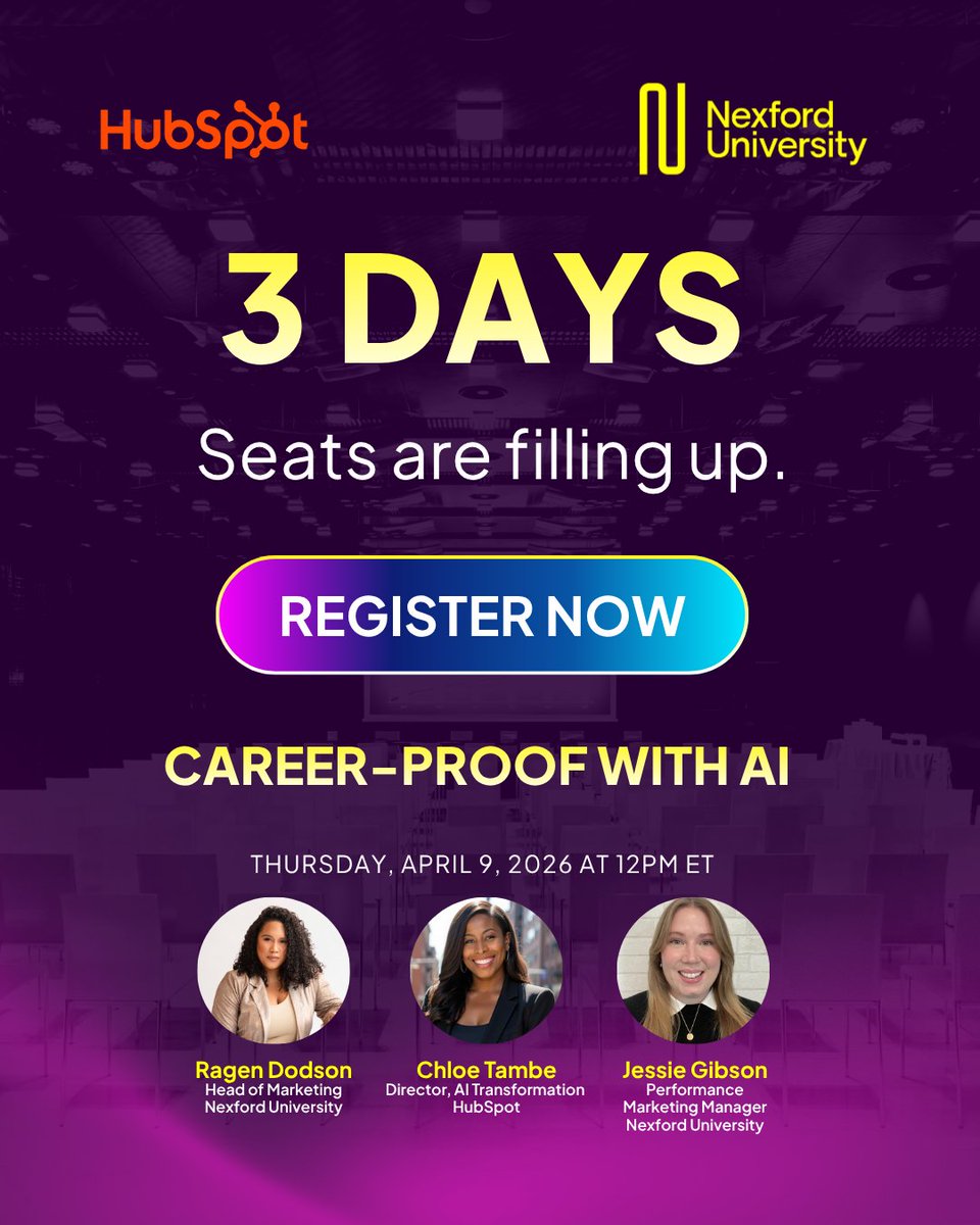 nexford's tweet photo. "How are you using AI?" is showing up in interviews. Most people freeze.

April 9, 12 PM ET — which AI skills matter for non-tech roles and which are noise. Chloe Tambe (@HubSpot) + Ragen Dodson (@nexford). Free.

Seats filling up 💡 https://t.co/WoErLOFuB5

#NexfordUniversity #AIFluency