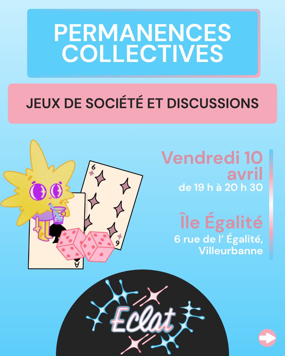 ECLATrans's tweet photo. Prochaine permanence Collective :
📃Jeux de société et discussions
📅Vendredi 10 avril de 19h à 20h30
📍Île Égalité : 6 rue de l’Égalité, Villeurbanne https://t.co/aHiravACiZ