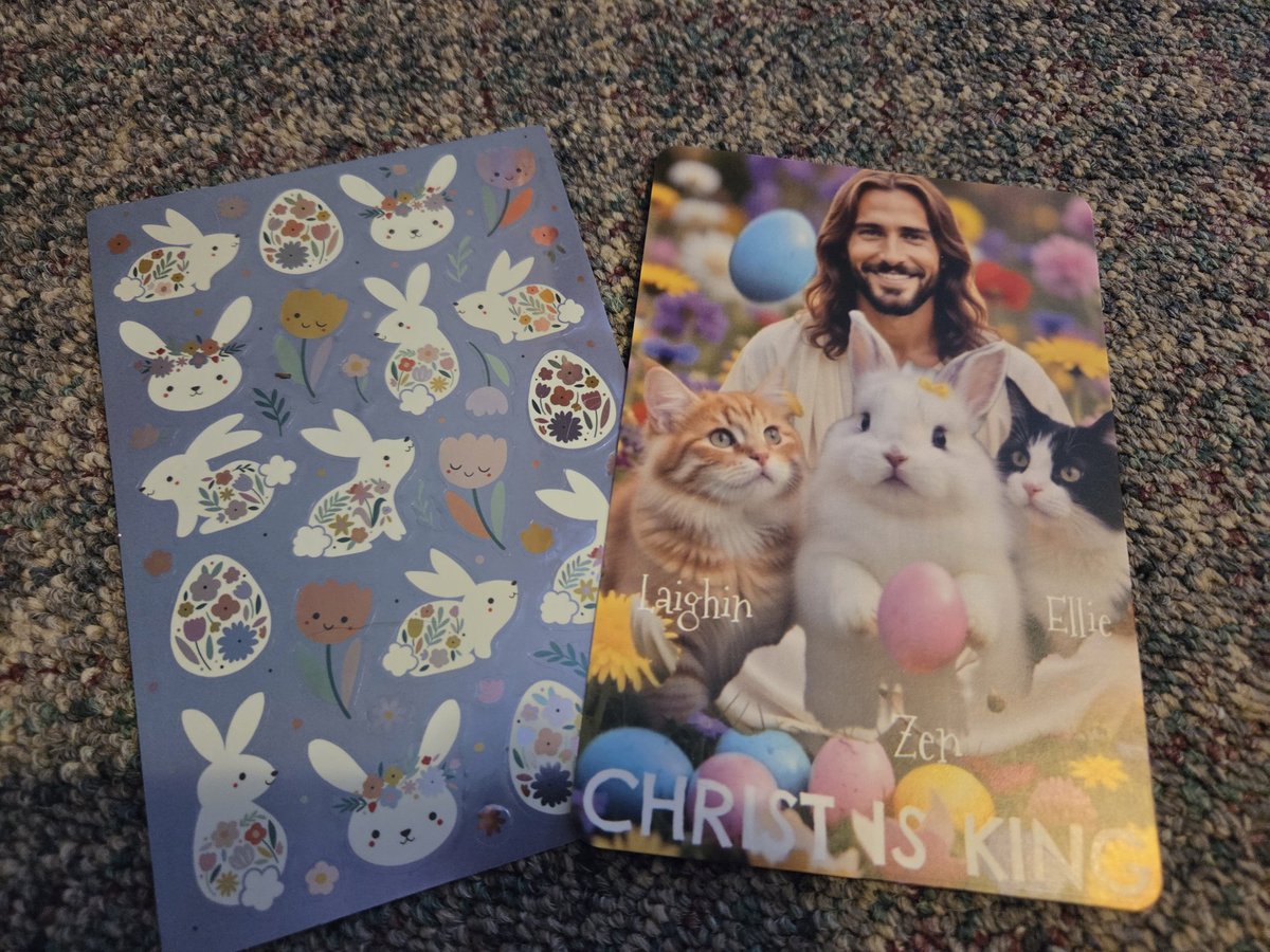 TheSprinklesCat's tweet image. Easter blessings from our furrends, Zennie, Laighin, Ellie, + Momma, @AlienBunny123. Thank mew! We love mew! Mew are the reason for the season! Love the bunny stickers, too! So cute!  Hope mew have a purrfect Monday! #cowcat #CatsOfTwitterX #AdoptDontShop #StaySafeFurrends