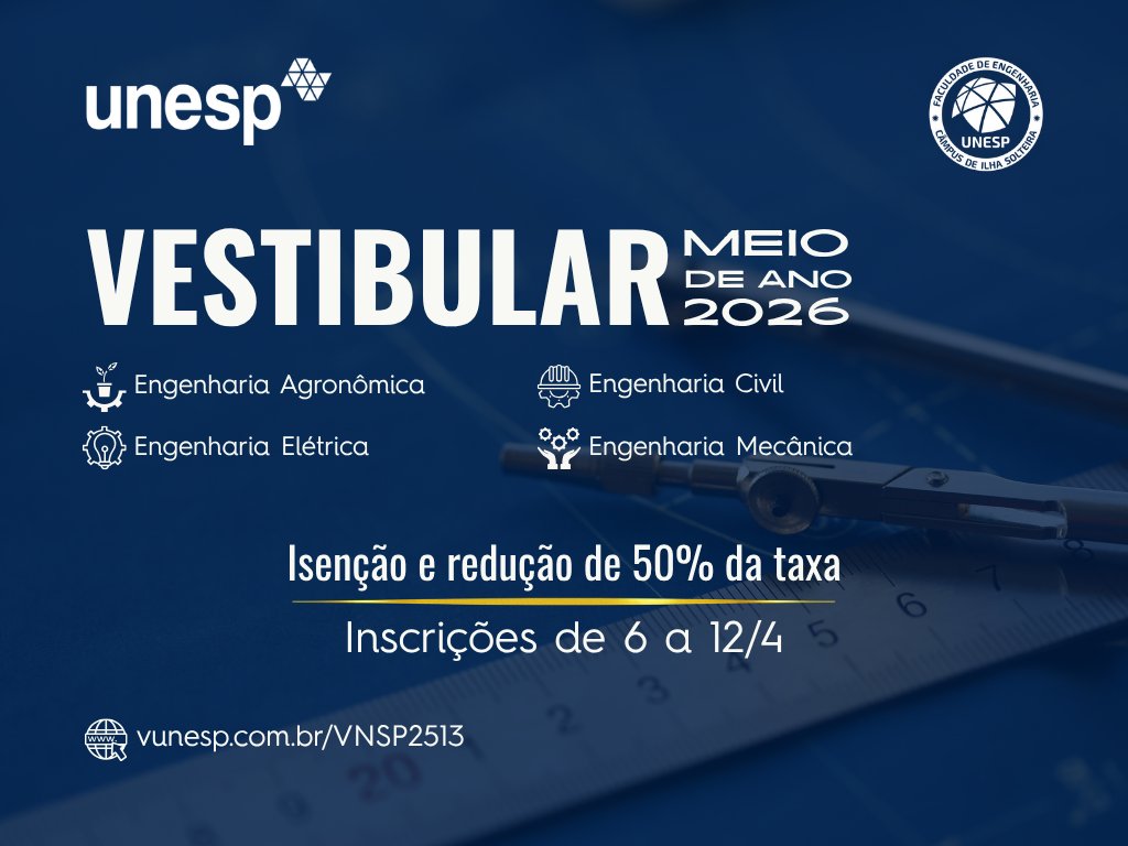 📢 Alô, vestibulandos! Começou o prazo para pedir isenção ou redução de 50% na taxa do Vestibular Meio de Ano da <a href="/Unesp_Oficial/">UNESP</a> (de 6 a 12/4)
📍 Vagas na #Feis: Eng. Agronômica, Civil, Elétrica e Mecânica
📅 Inscrições Vestibular: 13/4 a 6/5
Infos: vunesp.com.br/VNSP2513