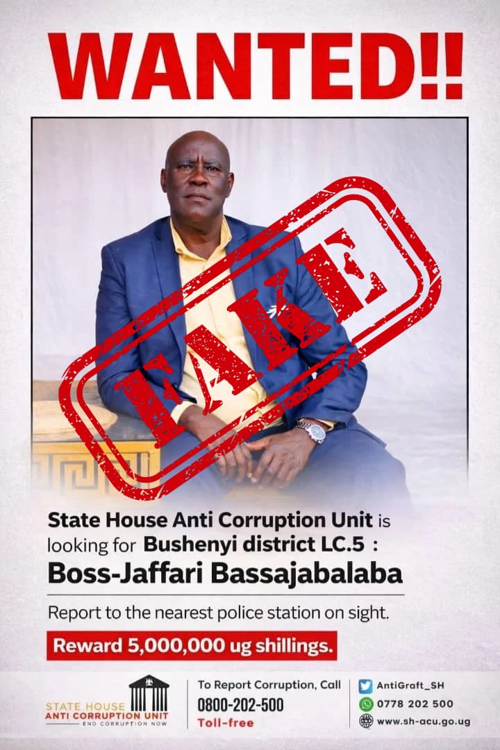 AntiGraft_SH's tweet photo. FAKE NEWS | Please disregard this fabricated poster making rounds on social media. While we have investigations going on in Bushenyi, we have not issued any such notice or offered any such reward for the LC V Chairman. https://t.co/NS9vETtsTZ