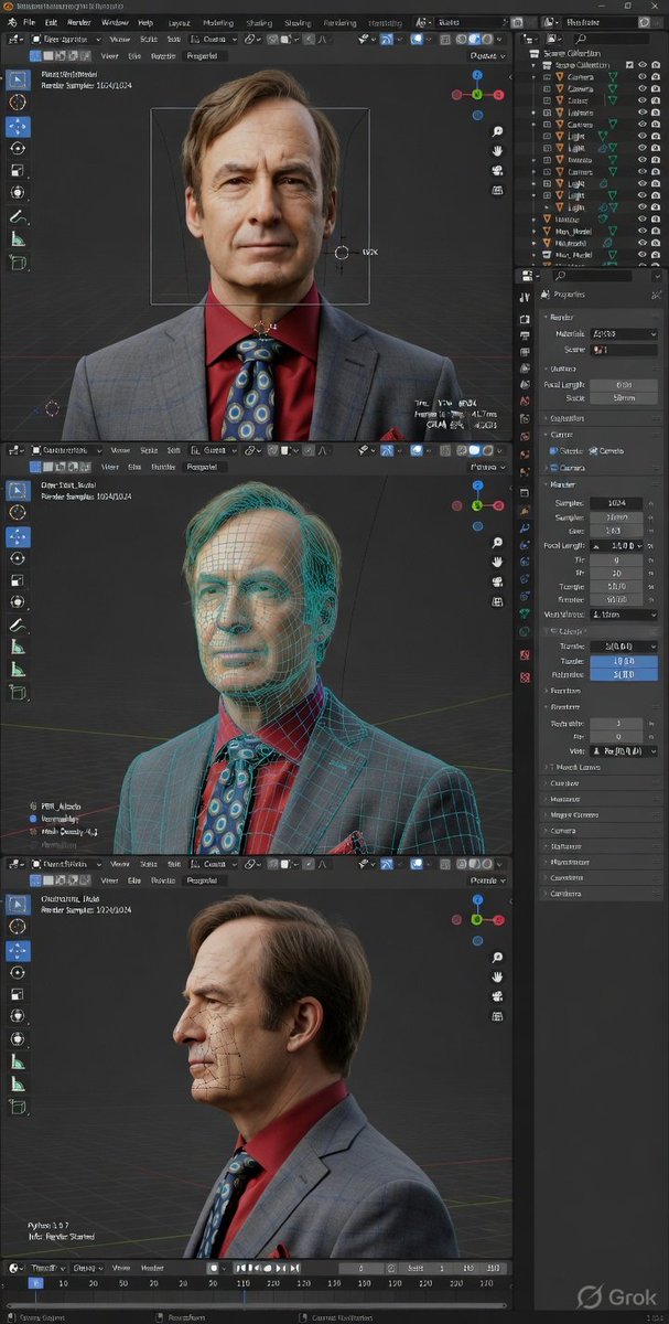 Goodmanprotocol's tweet photo. Grok Imagine 

Prompt:
High-fidelity 3D software interface screenshot, Blender (dark theme) in developer/debug mode, ultra-detailed precision UI, hyper-realistic render + technical diagnostics overlay, crisp, high-resolution screen capture.Blender layout visible: top menu & workspace tabs (Layout, Modeling, Shading, Rendering), outliner (structured hierarchy), properties panel (render, materials, scene, camera expanded), timeline (frame indicators), left toolbar, bottom debug console.

Developer overlays ON: FPS, frame time (ms), GPU/CPU usage, VRAM, polygon count (tris/verts), object stats, render samples, camera transform data.
Three vertically stacked viewport panels (9:16): • Front (orthographic feel)• Three-quarter (slight perspective)
• Side profile

Each with grid, XYZ gizmo, bounding box, pivot, camera guides.
Same objects in all panels, facial identity locked, neutral expression, anatomically consistent.

UE5 + Octane hybrid rendering: cinematic lighting, path tracing, global illumination, ray tracing, soft shadows, subsurface scattering, accurate reflections.Debug material blend: photorealistic render + glowing wireframe + partial topology + subtle heatmap/normal hints, seamlessly merged.

Shader/node indicators visible: PBR nodes, texture slots (albedo/normal/roughness), floating debug labels, mesh density tags.
Viewport environment: dark grey gradient, fine grid, clean technical workspace.

Dense UI: compact icons, sliders, numeric values, toggles, sharp anti-aliased text, no empty space.

True screen capture look, ultra-sharp, no DOF or blur.