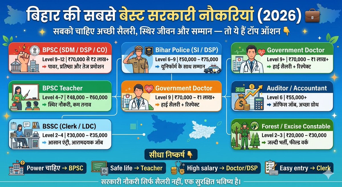 बिहार की सबसे बेस्ट सरकारी नौकरियां (2026) 💼

सबको चाहिए अच्छी सैलरी, स्थिर जीवन और सम्मान — तो ये हैं टॉप ऑप्शन 👇

1. BPSC (SDM / DSP / CO)
Level 9–12 | ₹70,000 से ₹2 लाख+
➡️ पावर, प्रतिष्ठा और तेज प्रमोशन

2. Bihar Police (SI / DSP)
Level 6–9 | ₹50,000 – ₹75,000
➡️