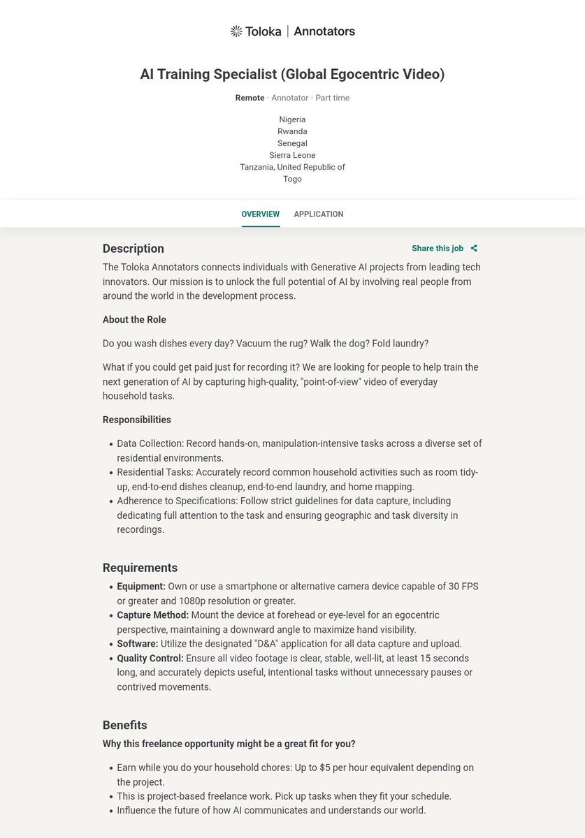 OlatunjiAyokan2's tweet image. 🚨 Toloka AI Opportunity 👀🎥
You can get paid for recording your everyday activities…
💰 $5/hour
🌍 Remote (Nigeria &amp;amp; other countries supported)
🧠 What you’ll do:
• Record daily tasks (cleaning, laundry, dishes, etc.)
• Capture first-person (POV) videos
• Follow simple