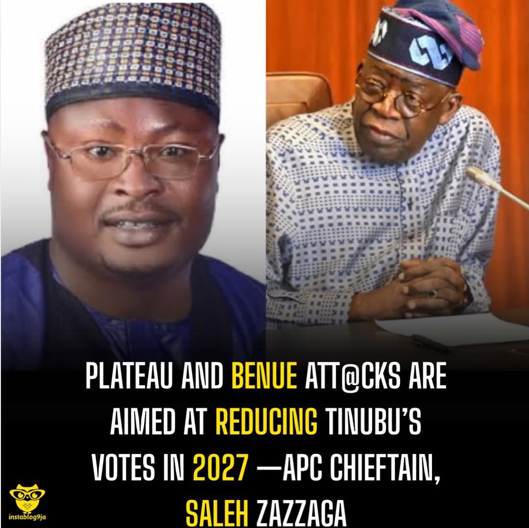 instablog9ja's tweet photo. Plateau and Benue Att@cks are aimed at reducing Tinubu’s votes in 2027 —APC Chieftain, Saleh Zazzaga

A chieftain of the All Progressives Congress (APC), Alhaji Saleh Zazzaga, has alleged that the recent wave of v+olence in Plateau State is politically driven and aimed at weakening President Bola Tinubu’s chances ahead of the 2027 elections.

Zazzaga’s comments come after over 20 people were reportedly k+lled in a Palm Sunday att@ck in Gariya Waye, Angwan Rukuba, in Jos North Local Government Area. The incident has sparked fresh fears of escalating insecurity in the state.

In a statement on Monday, the APC stalwart claimed the k+llings were orchestrated by opposition elements seeking to derail Tinubu’s re-election bid and discredit Plateau State Governor Caleb Muftwang.

According to him, the situation is also linked to resistance against Muftwang’s defection to the APC, which he said has strengthened the party’s influence in the North-Central region.

Zazzaga further alleged that the att@cks in Plateau and neighbouring Benue State are part of a broader plot to reduce the voting strength of communities perceived to support Tinubu.

He noted that the North-Central region had pledged six million votes for the President in 2027, making it a key political target.

“The att@cks are meant to create fear, destabilise communities, and reduce the population that would vote for the APC,” he said, adding that the v+olence is being used to paint the federal government as ineffective.

He described the North-Central as Tinubu’s strongest political base, especially with the region now having multiple APC governors.

Zazzaga also cautioned religious leaders against making statements that could inflame tensions, urging them to promote peace instead. He called on security agencies to monitor inciting rhetoric and take decisive action against perpetrators of v+oldnce.

While urging proactive measures to address insecurity, he also commended President Tinubu for visiting Jos after the att@cks, describing the move as a show of empathy and leadership.